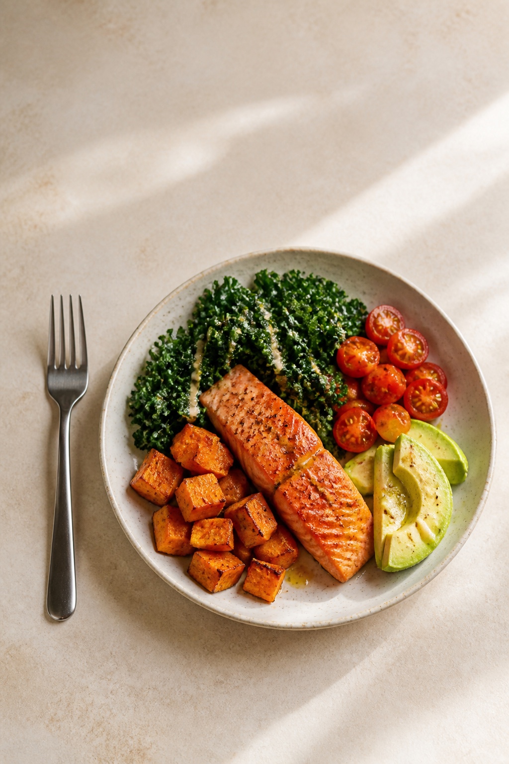 Salmon, sweet potato, kale, tomato and avocado on a ceramic plate beside a fork